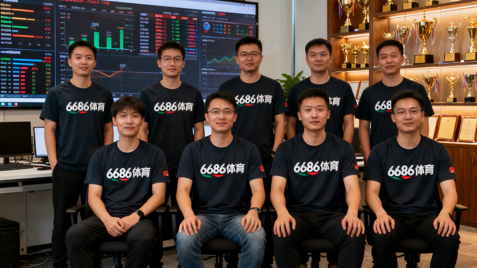 6686体育团队在办公室的合影，背景是实时数据监控大屏和奖杯展示柜，团队成员穿着印有logo的深色T恤，氛围轻松而专业