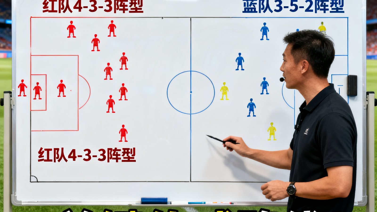 战术分析视频封面，白板标注两队阵型变化和关键传球路线，专业解说员正在讲解